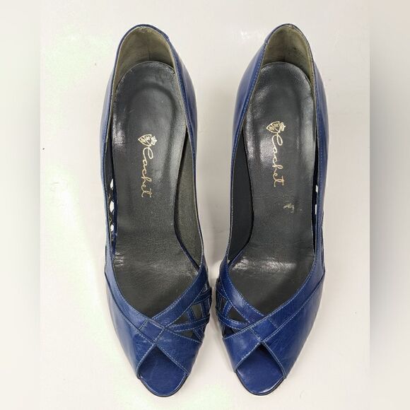 cobalt blue low heel italian leather shoe peep toe vintage size 5 retro fancy - Picture 4 of 10